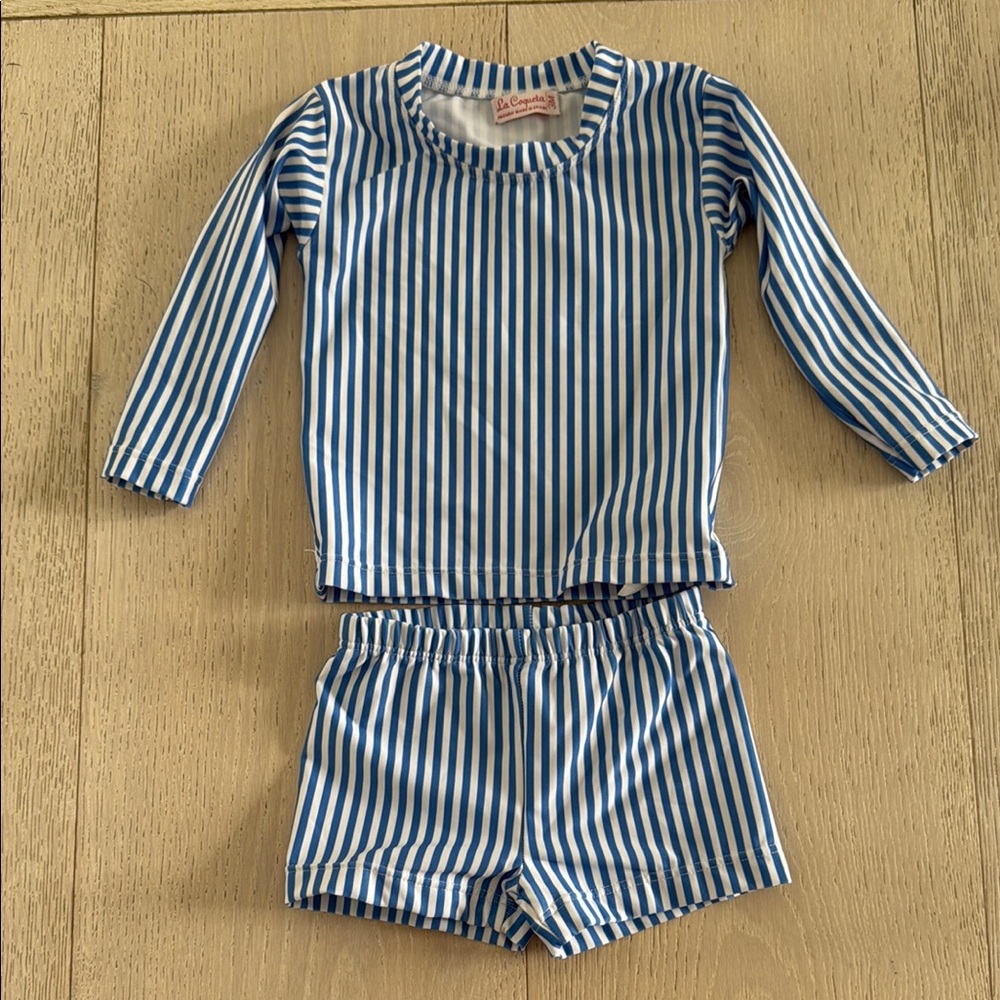 La Coqueta Blue and White Striped Long Sleeve Rashguard Set 3 Months